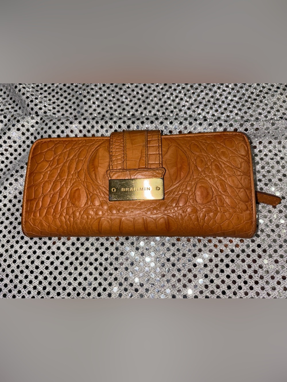 Brahmin Cognac Croc-Embossed Zip Wallet with Gold Plate